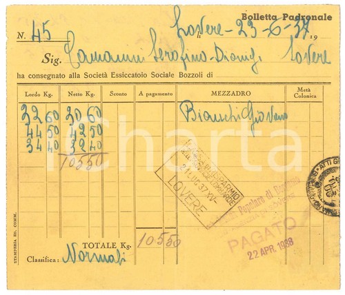 1937 lovere bolletta - lovere, (bg)