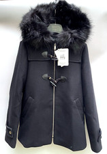 Zara Manteco Nero Cappotto Montgomery Cappuccio Finta Pelliccia Taglia M Ref