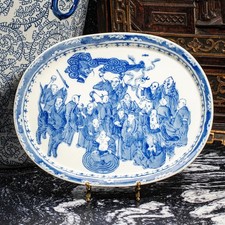 Grande vassoio vintage in porcellana cinese asiatico dipinto a mano blu e bianco