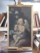 Antico quadro olio su tela putto angelo con giglio cornice dorata XIX Sec.