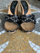 Sandali tacco 10, pelle con inserti in metallo, suola simil legno 37