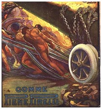 PUBBLICITA' 1917 PIRELLI GOMME PIENE CARRO CANNONE WW1 SIMBOLISMO RICCOBALDI
