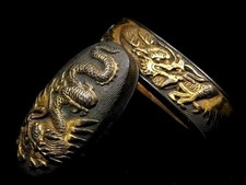 Fuchi Kashira unico drago rilievo spada giapponese adatta Edo antico *senza scatola