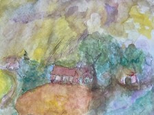 Espressivo Acquerello Atmosfera Estiva Paesaggio Con Villaggio