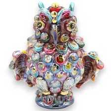 Gufo con decori in rilievo ceramica Caltagirone h 16 / 17 cm ca. smalto madreper