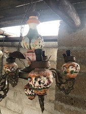 Lampadario Vintage in ottone, ceramica e vetro