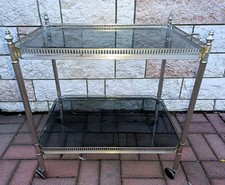 CARRELLO BAR TAVOLO DA PORTATA IN OTTONE ARGENTATO RIPIANI IN VETRO VINTAGE Cm60