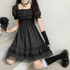 Vestito donna gotico Lolita carino ragazza volant nero manica a sbuffo cosplay retrò