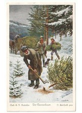 arte in cartolina - O. Herrfurth- cacciatore cane bassotto abeti natalizi