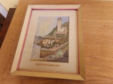 QUADRO DIPINTO ACQUERELLO CARENO CHIESA DI SAN MARTINO LAGO DI COMO IN CORNICE