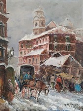 Guglielmo De Giorgio Dipinto a Olio Vecchia Milano con Neve Paesaggio Invernale