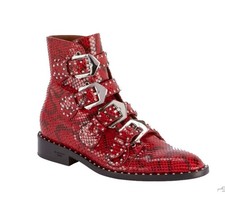 GIVENCHY Stivaletti donna pelle di vitello pitone rosso goffrato borchie 6,5 36,5 cinturini