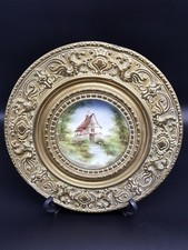 DIPINTO OLIO su CERAMICA FRANCIA Casa Paesaggio  Piatto Cornice Rame cesellato