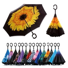 Ombrello Rovesciato Antivento Doppio Strato con Manico a C Inverso Auto Pioggia