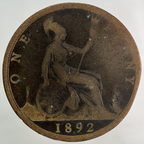 1892 victoria one penny - penny, coin