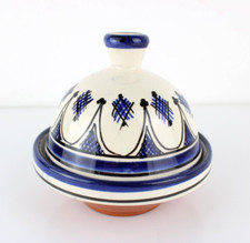 Piccolo Tajine in terracotta dipinto decorato a mano Bianco e Blu Marocco 13 cm