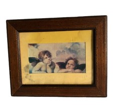 Vintage Quadro Decupage Putti di Raffaello Angeli Cornice Legno 26x 21 Cm