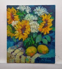 Dipinto Quadro Vaso con girasoli Olio Tela Cm25x30
