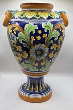 Italian Pottery de Caro Caltagiroye Dipinto A Mano Hand Painted Vase Signed 14”