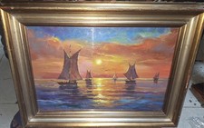 Dipinto Ad olio Antico Su Tela . Barche