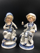 STATUETTA STATUA COPPIA RAGAZZI CON OCA E CONIGLIO PORCELLANA GIAPPONESE 