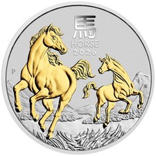 Australia 1 $ 2026 anno lunare del cavallo 1 oz argento dorato 9999 ST con scatola originale