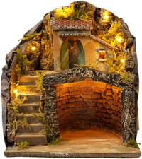 Presepe Completo Illuminato Natalizio Con Capanna E Grotta per Statuine Artigian