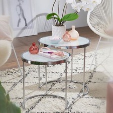 FineBuy Tavolino 2 pz Rotondo Tavolo da Salotto Bianco Vetro Tavolino Argento