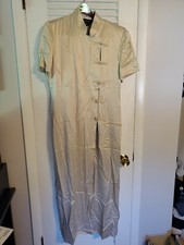 Abito lungo in seta J. Peterman taglia 14 asiatico champagne oro odore