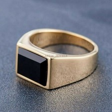 Naturale Onice Nera Gemma Con 14K Argento Placcato Oro Anello per Uomo #1246