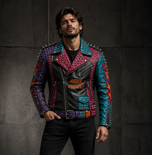 Men studded leather biker - studded,