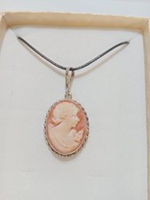 Ciondolo Cammeo Volto Di Donna Cornice In Argento.925 Laccio In Regalo