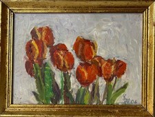 Quadro a Olio Natura Morta Con Rossa Tulipani G.H.Monogramma Cornice Oro 2006