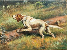Dipinto Olio Tela Cane Caccia Giacomo Vaccaro cm 24 x 18