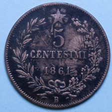 VITTORIO EMANUELE II 5 CENTESIMI 1861 BOLOGNA RARA MBB RAME REGNO ITALIA COPPER
