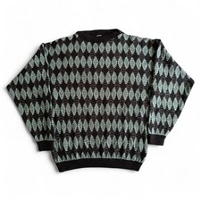 Giorgio Armani Vintage 80s Geometric Argyle Diamond Black Wool Boatneck Jumper L