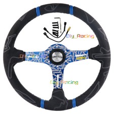 Volante sportivo auto da corsa scamosciato piatto profondo 350 mm blu momo con kit boss