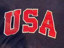Vintage USA V-Neck Jersey Tee Large Blue Red White Made in USA Medallion 50/50 
