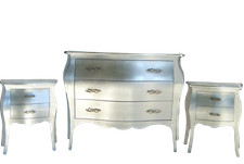 Trittico con comò bombato barocco foglia argento e 02 comodini in legno massello