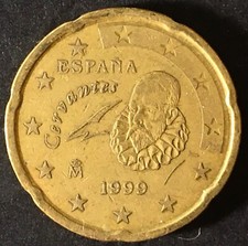 Moneta 20 Centesimi 1999 Miguel De Cervantes Spagna circolata rara da collezione