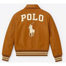 Giacca di pelle Polo marrone Varsity - cappotto bomber Ralph Lauren in vera pelle di mucca