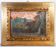 ⚜️ QUADRO ATTR. GUIDO CINOTTI DIPINTO OLIO TAVOLA EPOCA 1900 PAESAGGIO CORTILE