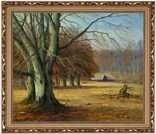 Jens Christian Bennedsen - Paesaggio boschivo - Quadro olio su tela - Firmato
