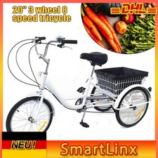 Triciclo 8 Velocità 20 Pollici 3 Ruote Bici per Adulti, 3 Ruote Triciclo, Con Cestino