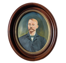 Antico quadro ritratto metallo cornice rame 1800 arte ovale firmato A Rosales uomo