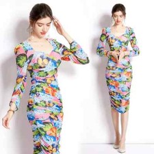 Tubino vestito abito donna elegante al ginocchio scollato celeste fiori 13728