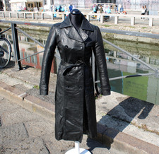 Cappotto donna pelle lungo trench nero vintage taglia S slim