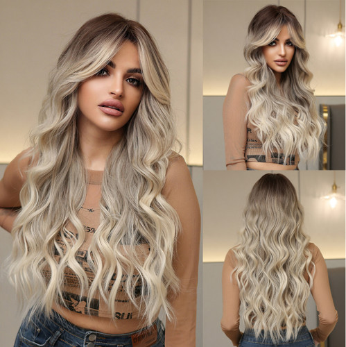 Long wavy rooted blonde - long,