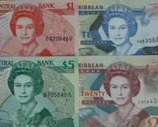 Stati dei Caraibi Orientali lotto di 7 varietà UNC, P17u, 17v, 22a1, 27a, 27u, 47 e 49