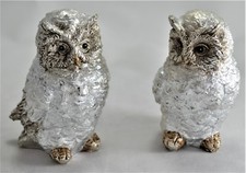 N4925 FAVOLOSA COPPIA DI STATUETTE GUFO CIVETTA in RESINA ARGENTATA
